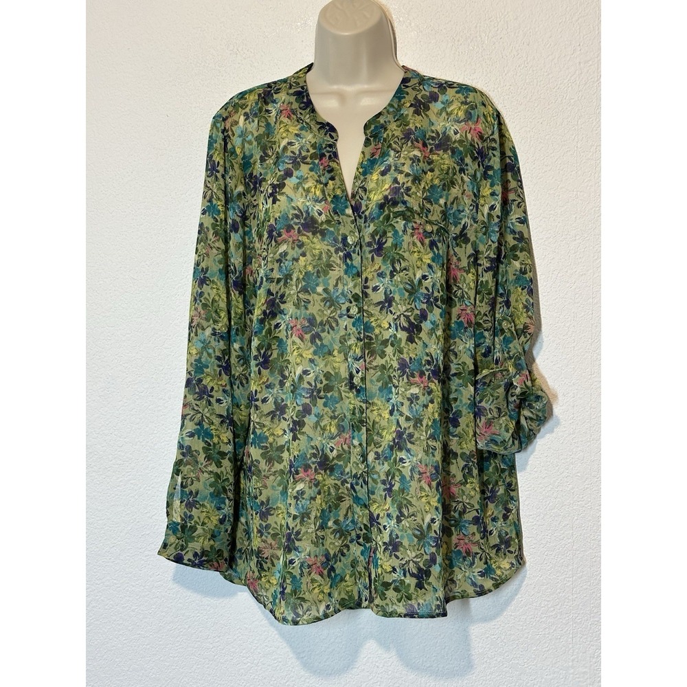 Kut from the Cloth Top 1X Green Floral Semi Sheer Button Up Office Casual